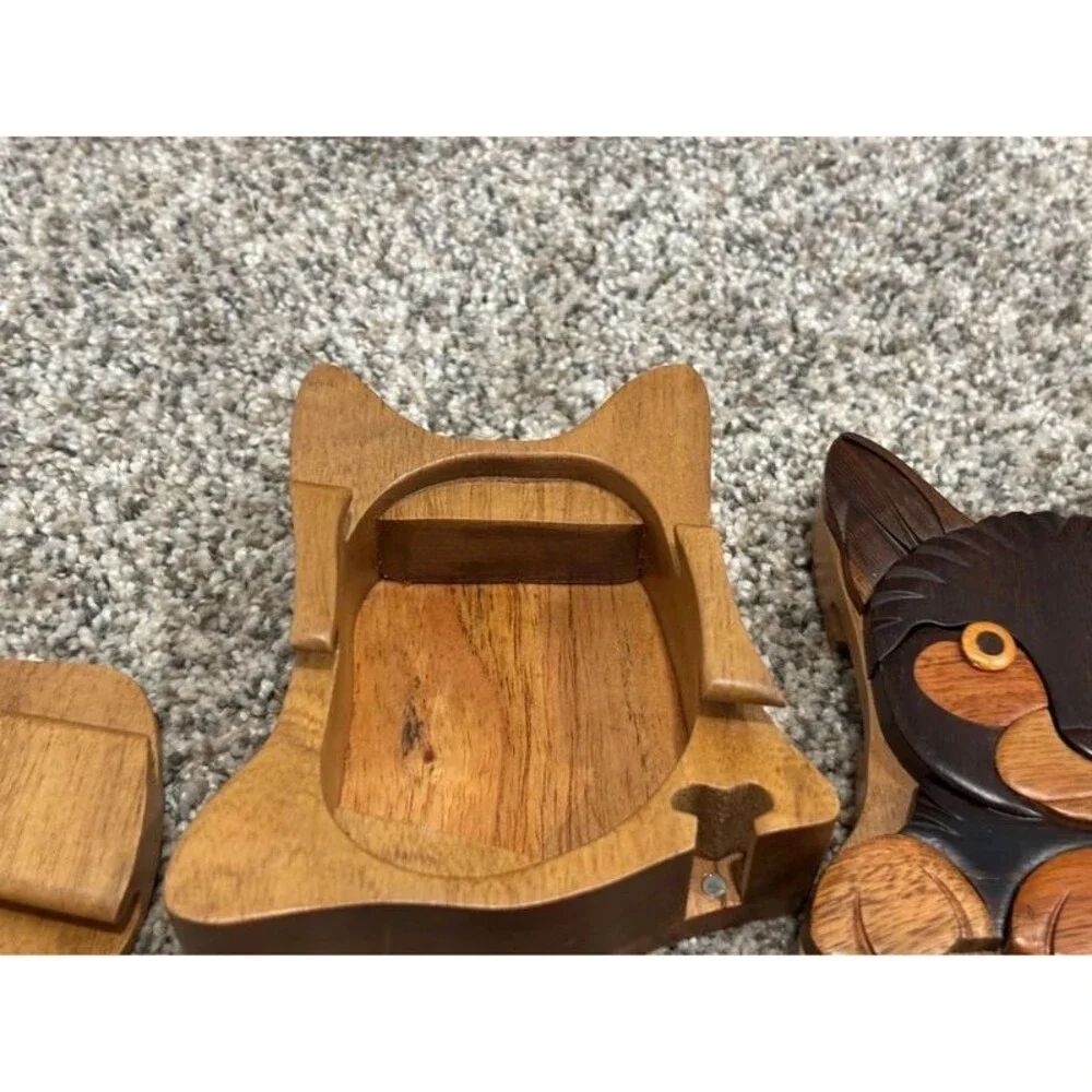 Cute Handmade Wood Cat Puzzle Trinket Storage Box